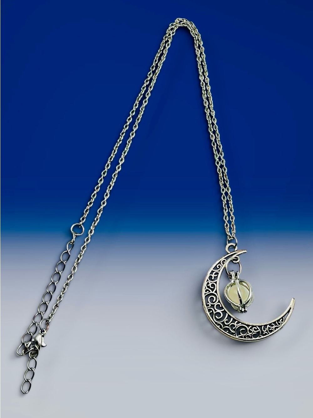 Celestial Silver Filigree Crescent Moon Pendant With Luminous Orb Necklace